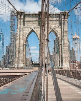The view looking west across the Brooklyn Bridge with the World Trade Center in the background
