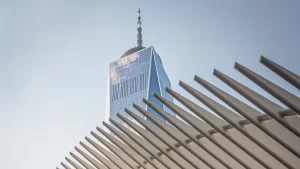 One World Trade Center peeking over the top of the Oculus in New York, New York